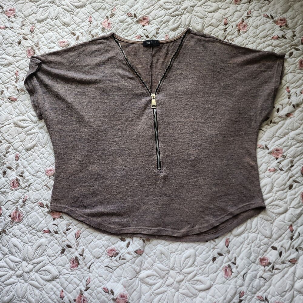 Love Tree Women's Short Sleeve Half Zip Sweater Top Brown Dolman Blouse S